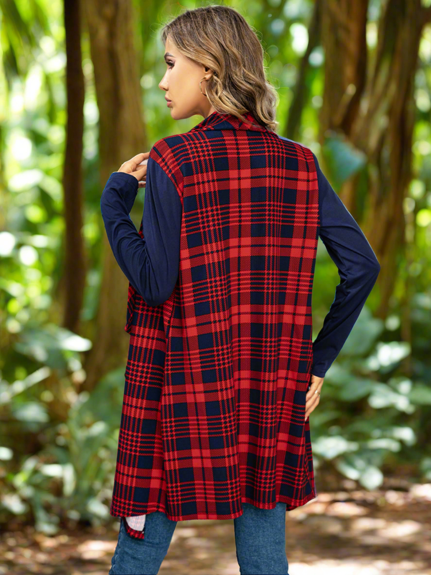 Shiny Plaid Open Front Cardigan