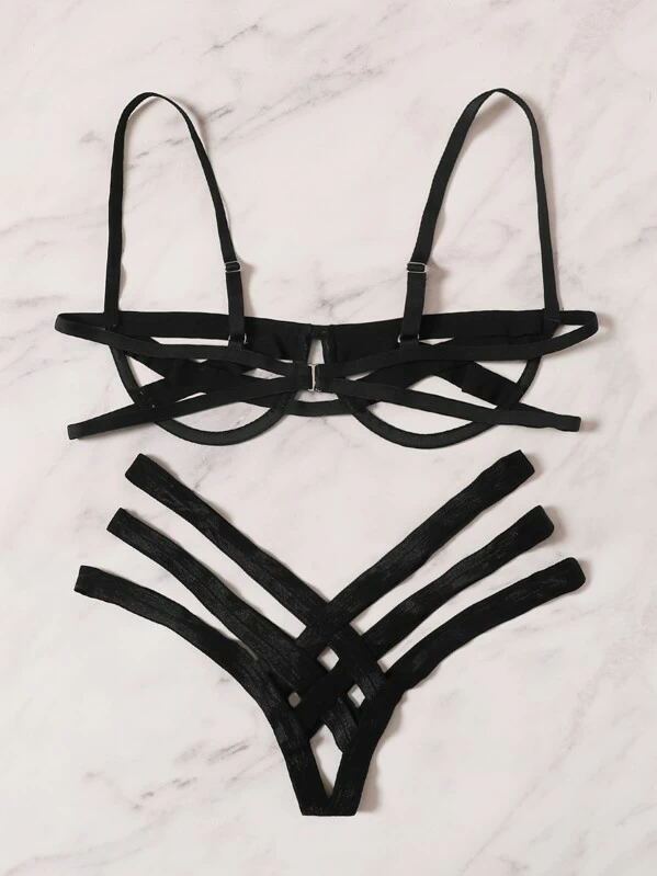 Black Ladder Cut-out Strap Underwire Lingerie Set for Women