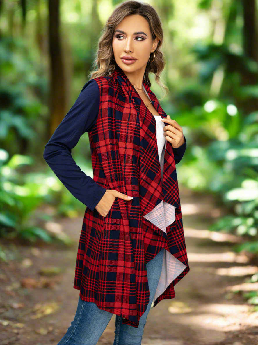 Shiny Plaid Open Front Cardigan