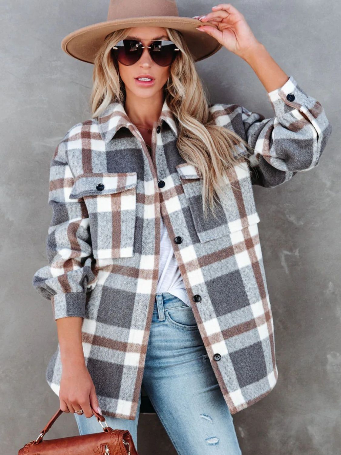 Plaid Collared Neck Long Sleeve Jacket