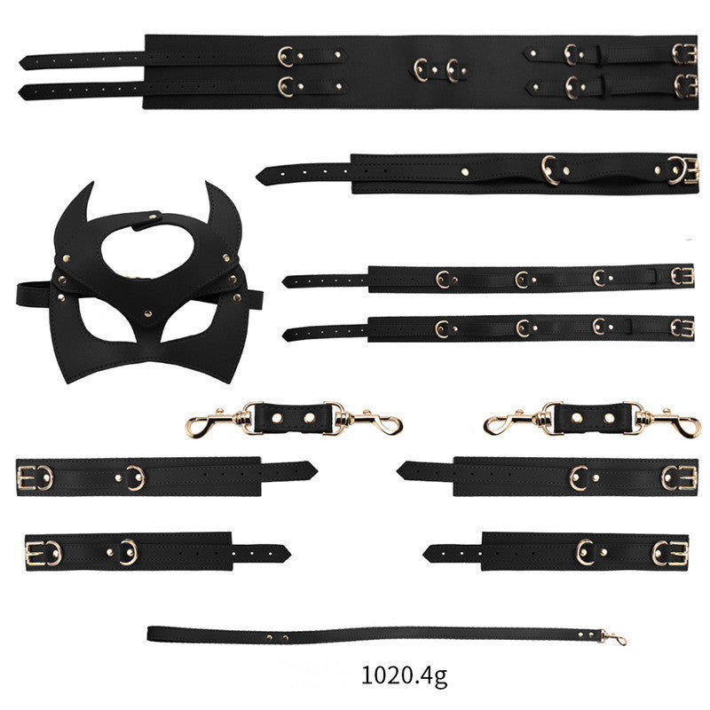 Women's Leather look Play-set Collar, Mask, Leash & Restraints with Available Padded Storage Case