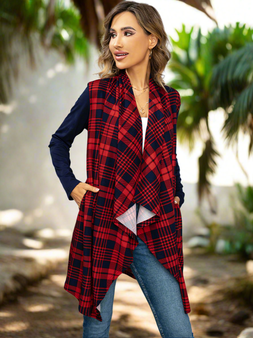 Shiny Plaid Open Front Cardigan