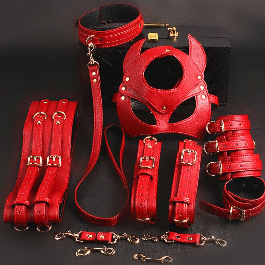 Women's Leather look Play-set Collar, Mask, Leash & Restraints with Available Padded Storage Case