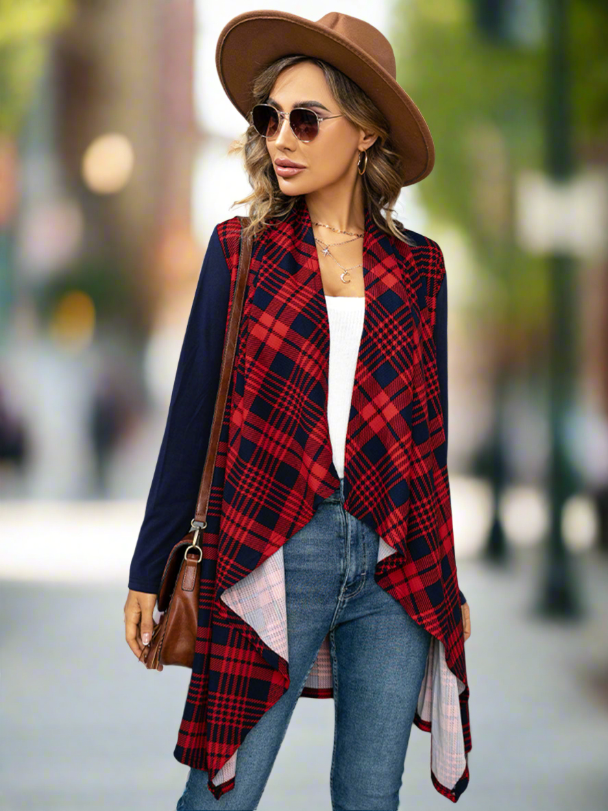 Shiny Plaid Open Front Cardigan