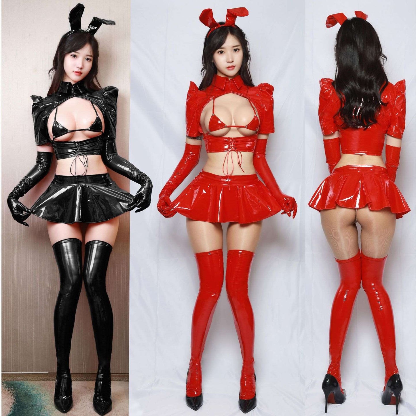 Sexy Patent Leather Rabbit Girl Low Cut Hip Skirt