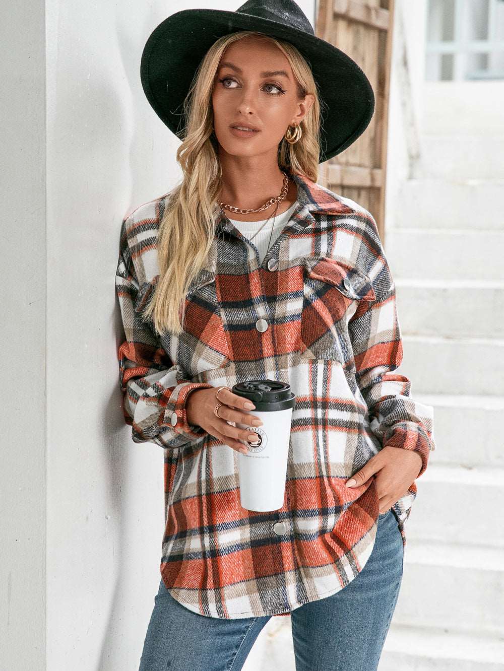 Ivy Lane Meet You Outside Plaid Button Down Curved Hem Shacket